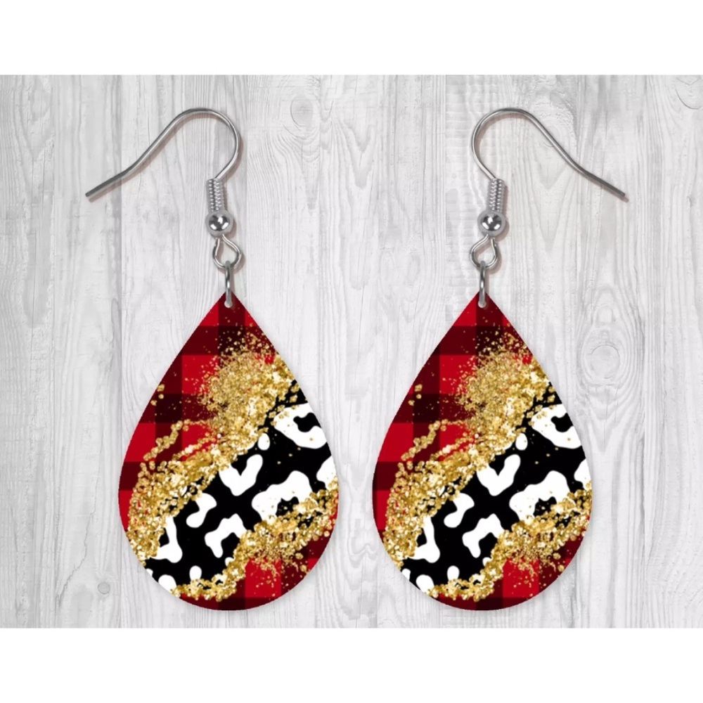 NEW Plaid Leopard Print Teardrop Earrings Hook Dangle Sublimated Wood